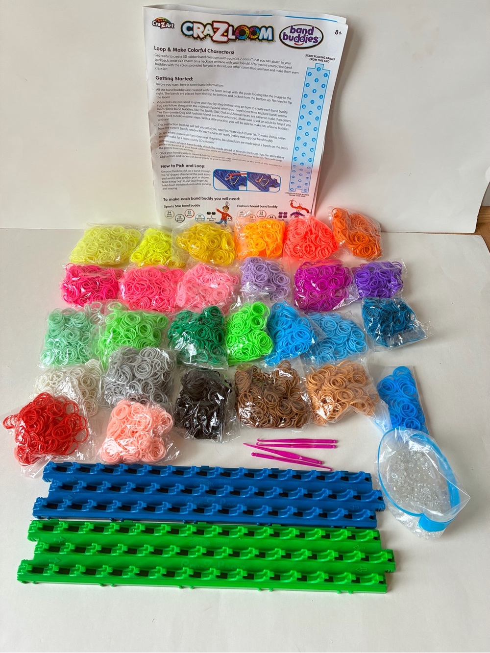 Rainbow Loom Rubber Band Bracelet Kit Lot: 27 Color Bands,  2 Looms, Extras